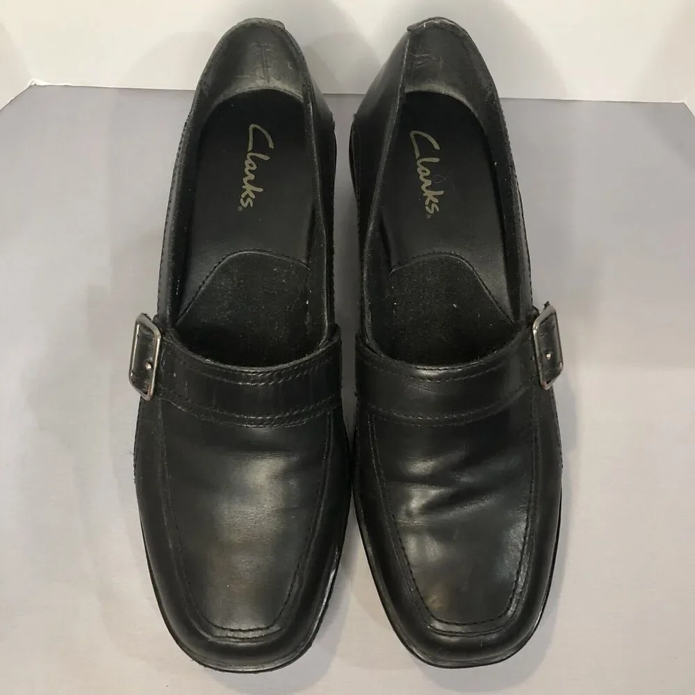 Women’s Clarks Slide On Black‎ Leather Buckle Wedge Comfort Shoes Size 8.5